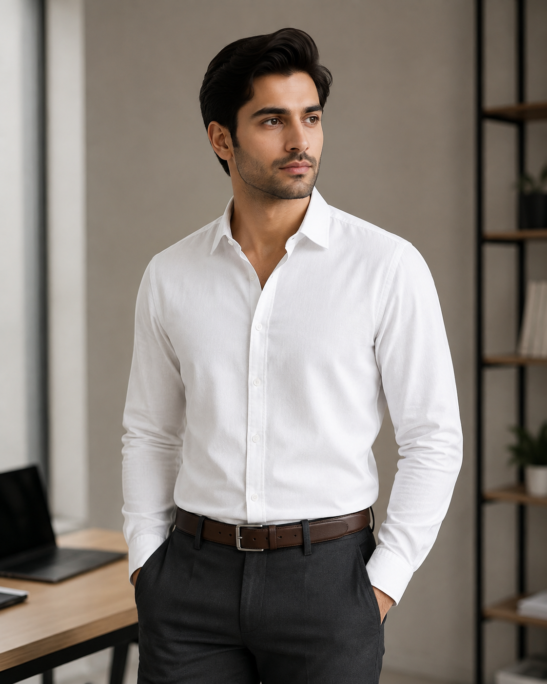 Cotton Chambray Shirt – White Model pic 3