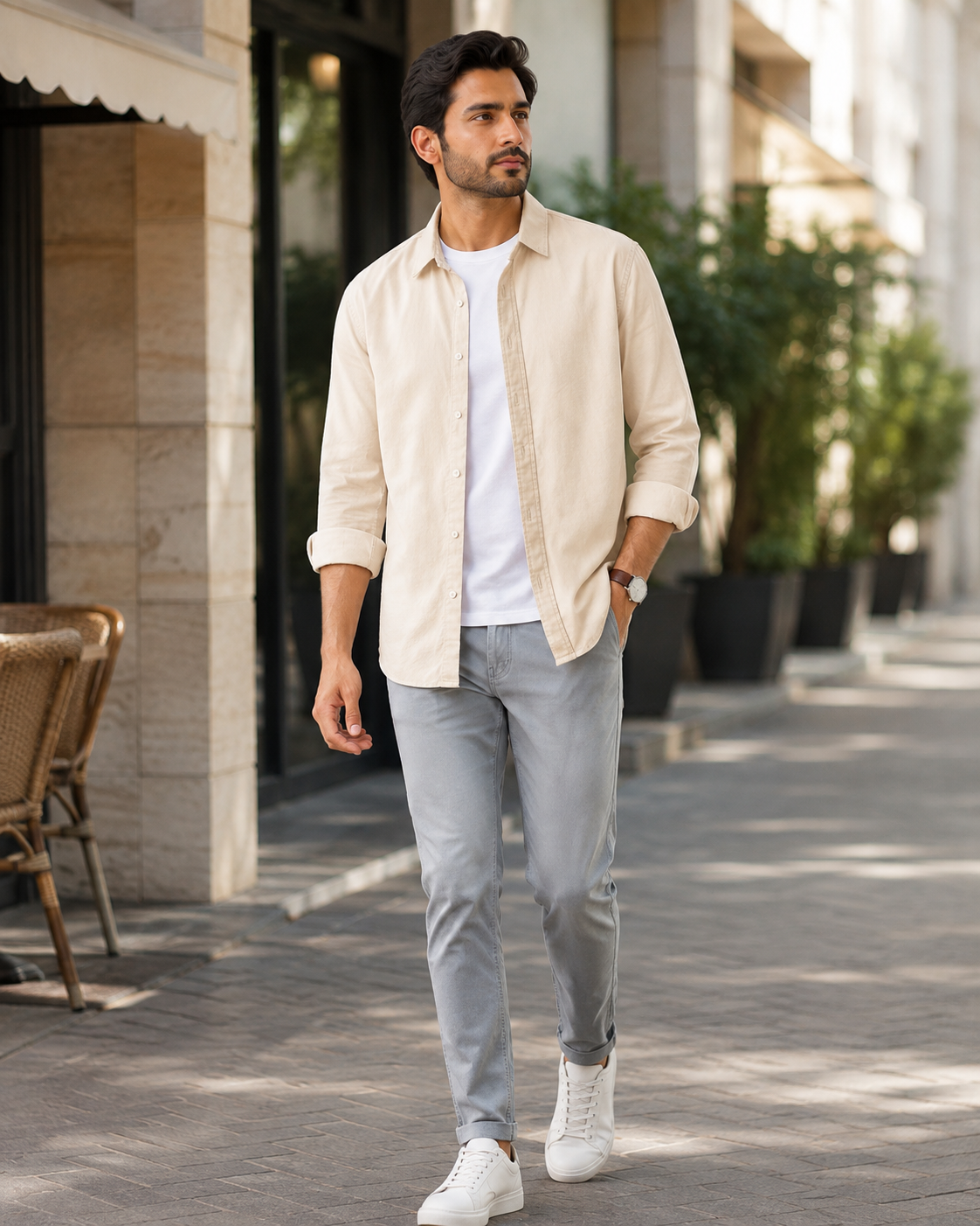 Cotton Chambray Shirt – beige Model pic 1