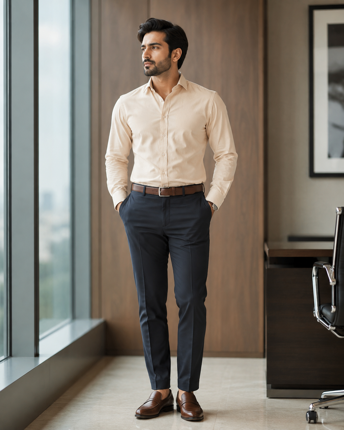 Cotton Chambray Shirt – beige Model pic 3