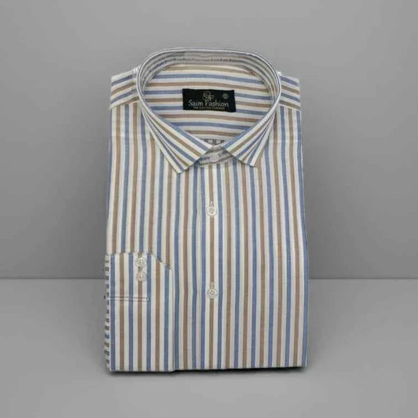 Cotton Dress Shirt - Brown and Blue Stripes