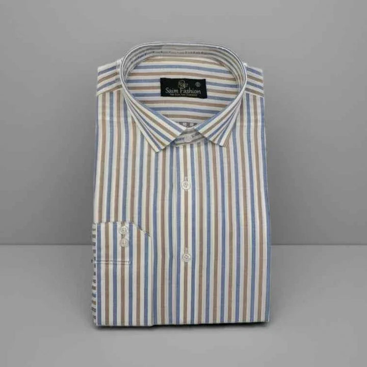 Cotton Dress Shirt - Brown and Blue Stripes