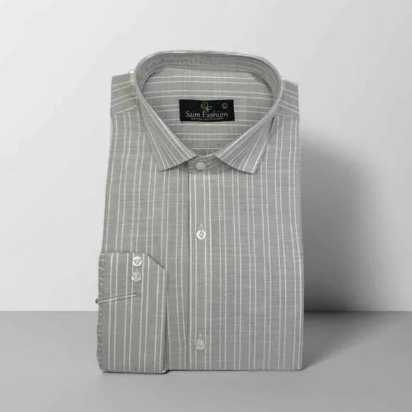 Cotton Dress Shirt - Light Gray with White Stripes