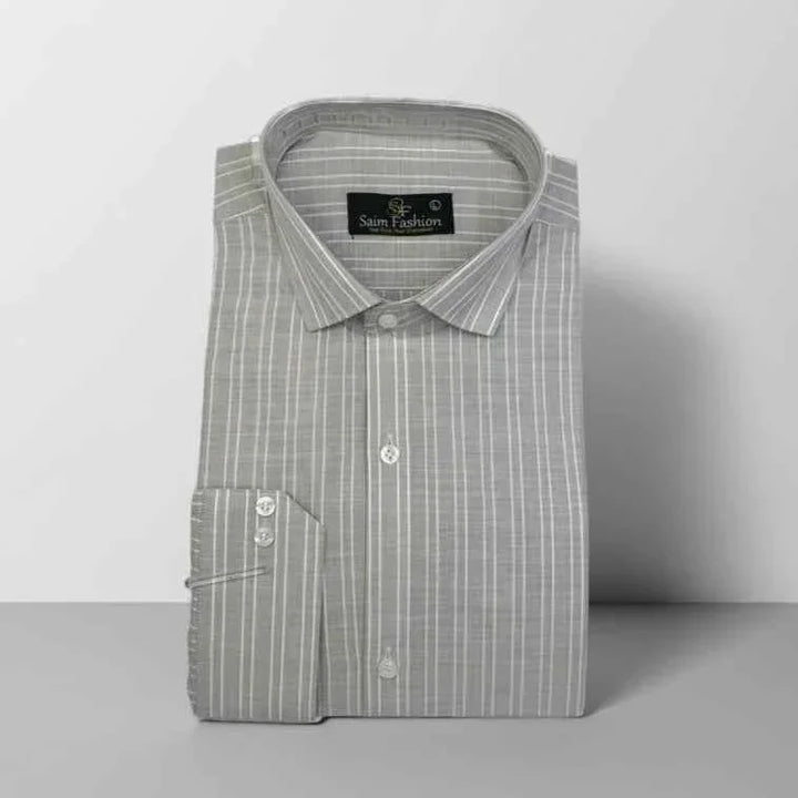 Cotton Dress Shirt - Light Gray with White Stripes