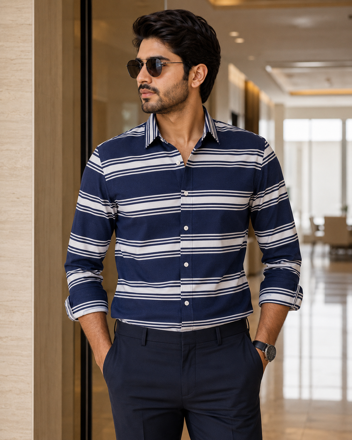 Deep Indigo Striped Shirt ( Old Money Style )model pic 1