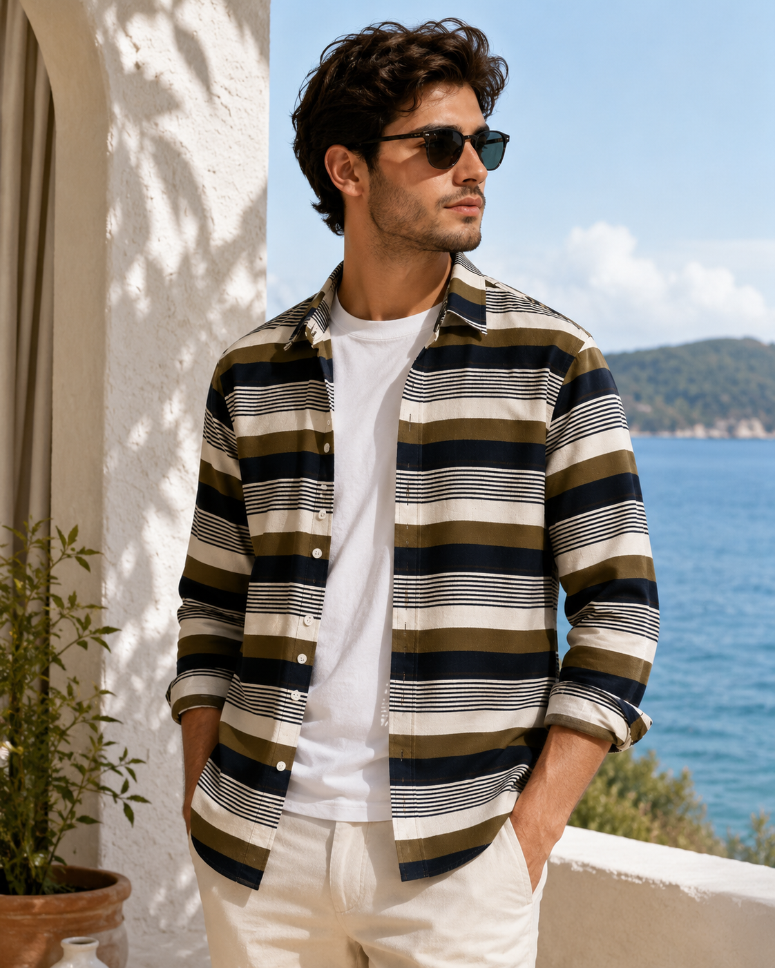 Deep Khaki Olive Striped Shirt ( Old Money Style ) Mosel pic 1