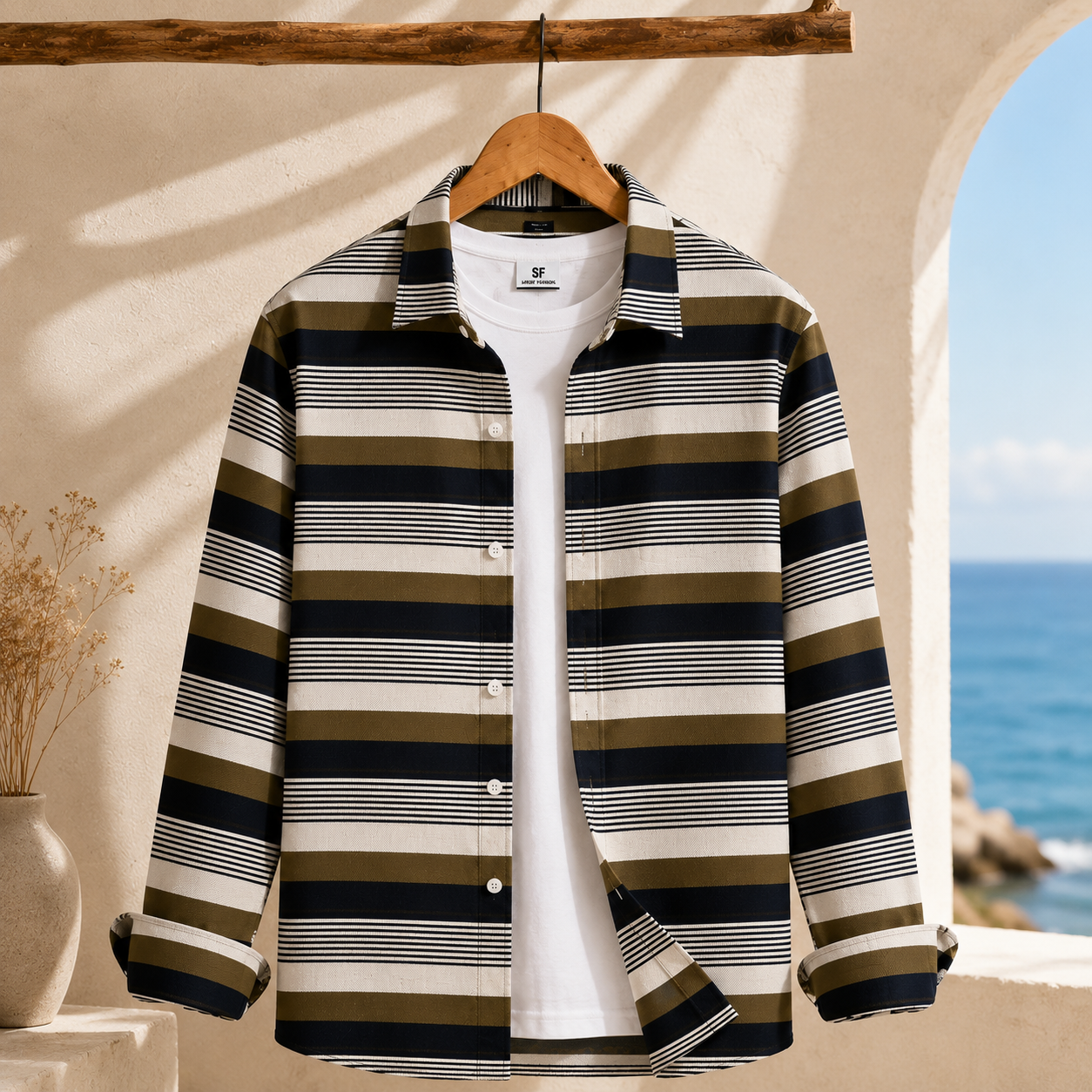 Deep Khaki Olive Striped Shirt ( Old Money Style ) display