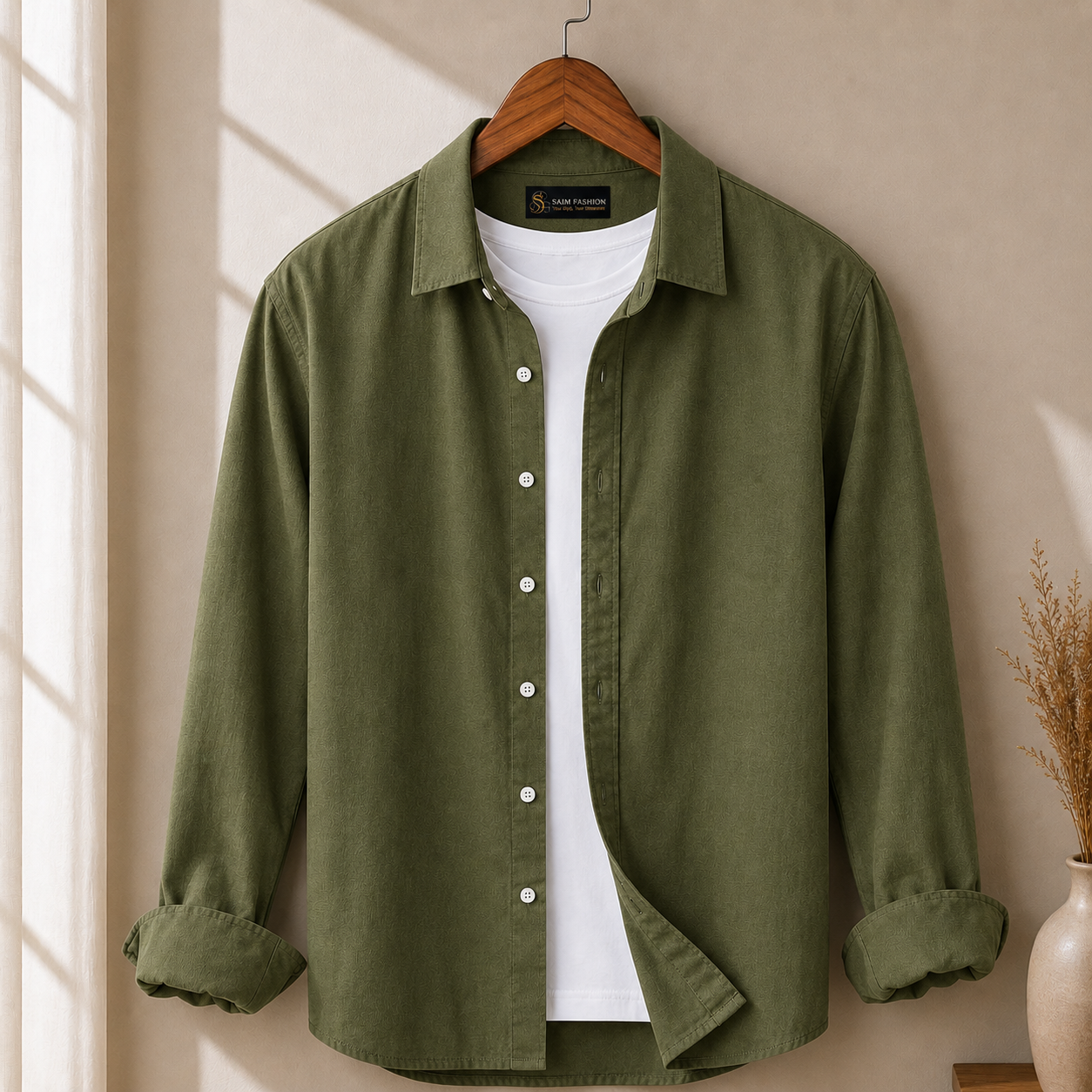 Cotton Chambray Shirt – Olive Green