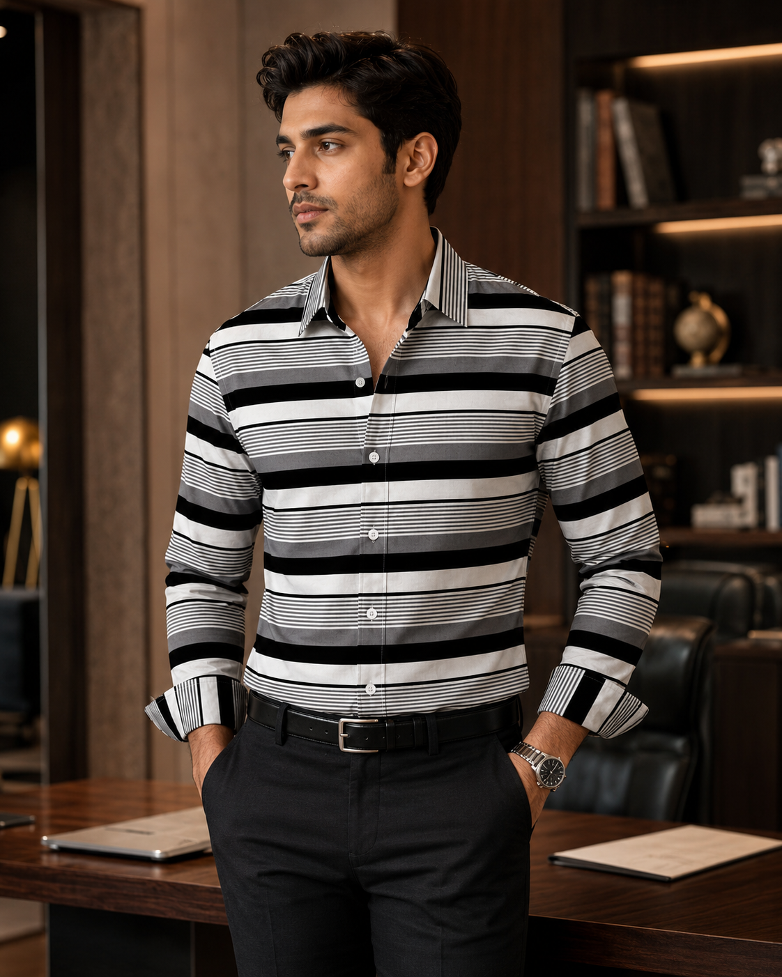 Midnight Graphite Striped Shirt ( Old Money Style ) model pic 2