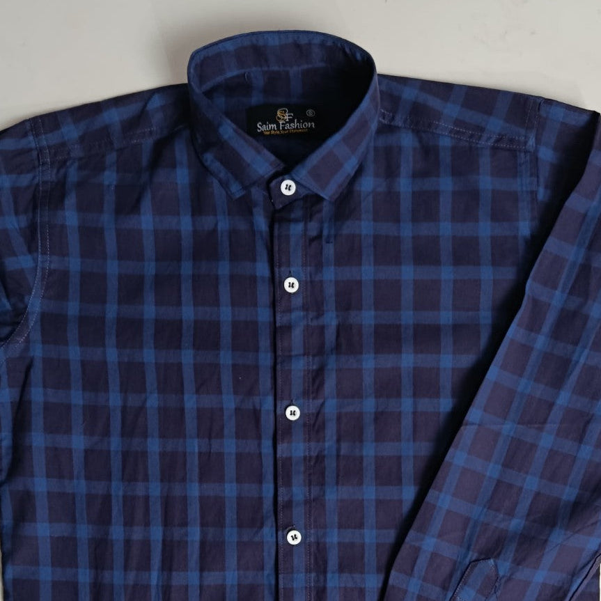 Navy Blue Cotton Check Shirt