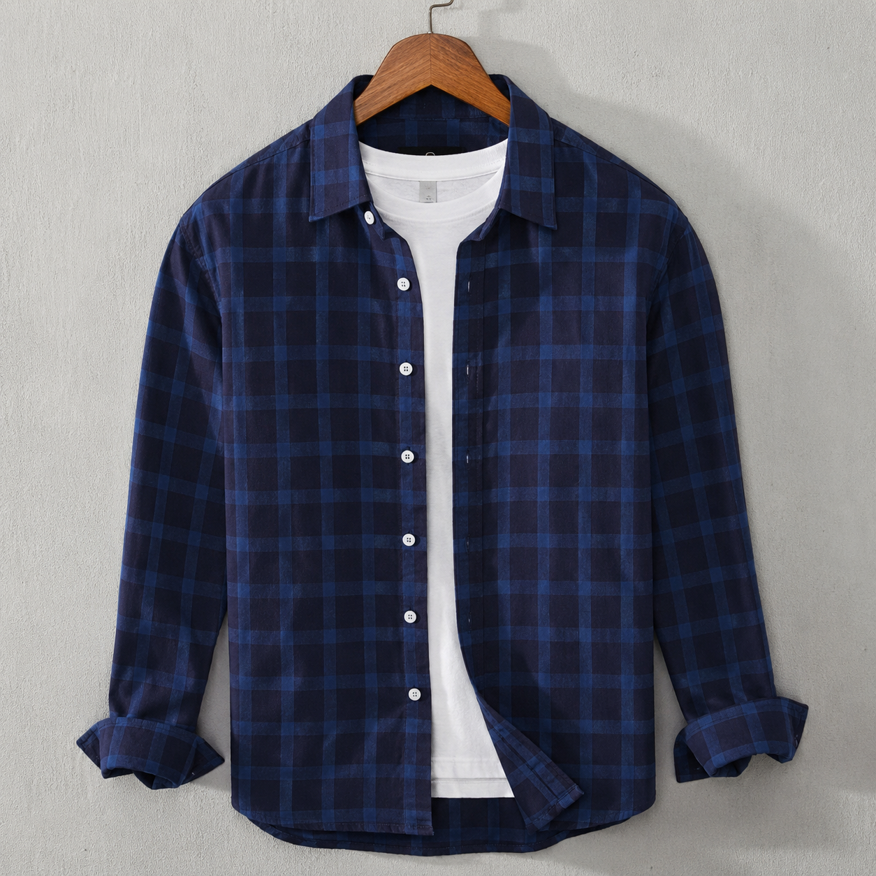 Navy Blue Cotton Check Shirt