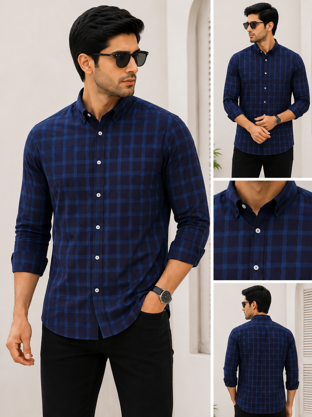 Navy Blue Cotton Check Shirt