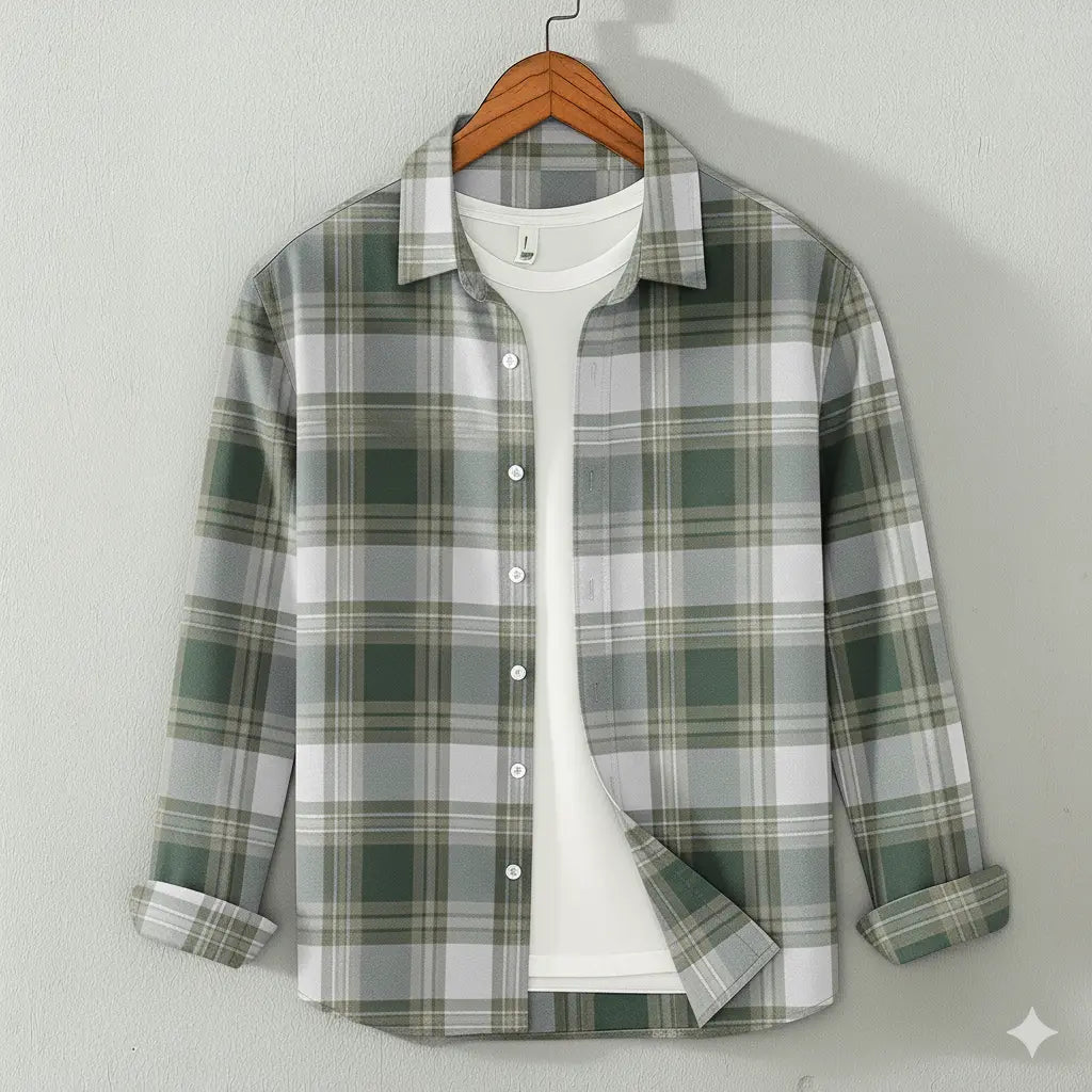 Men’s Checkered Twill Shirt (Olive & Beige)