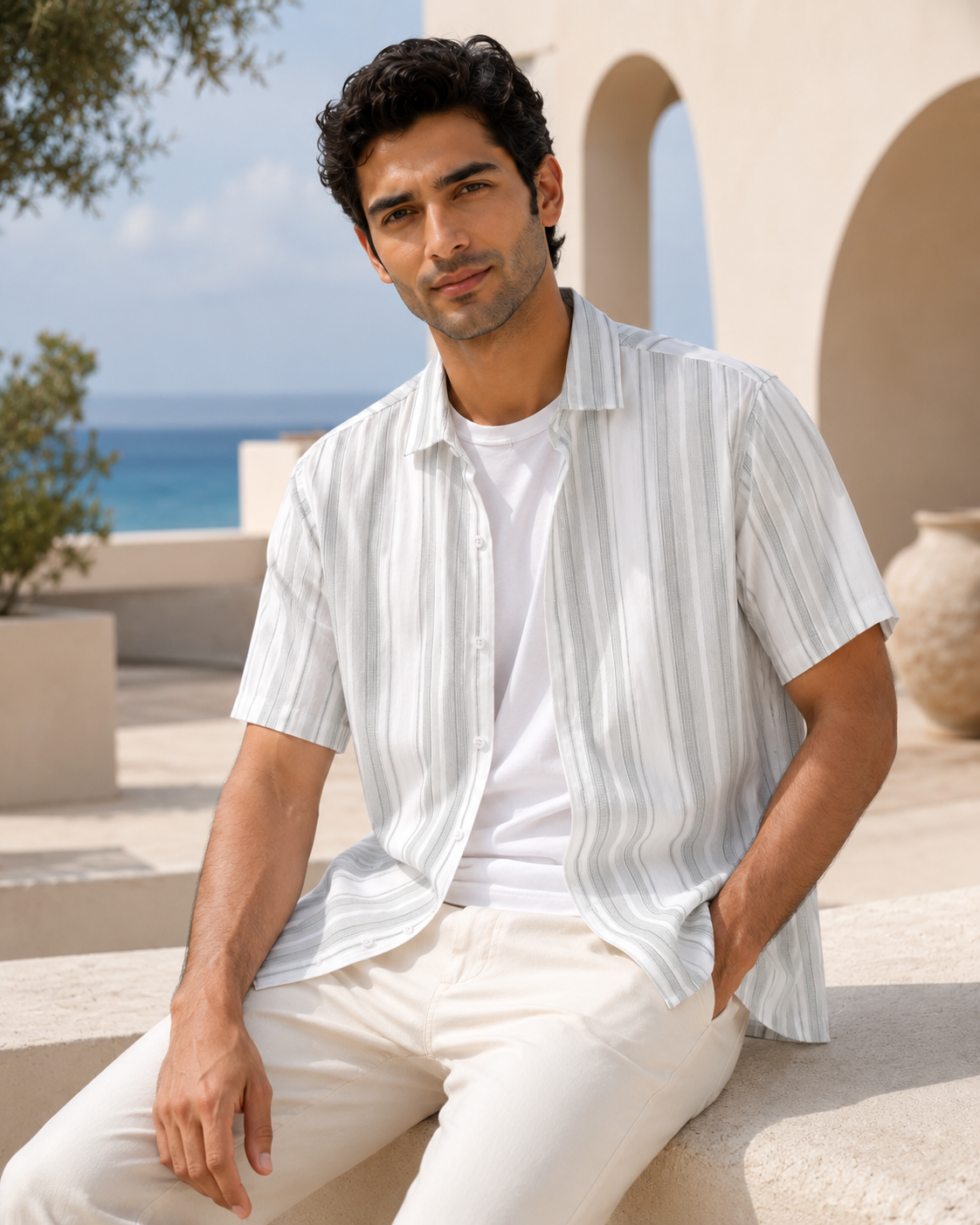 Pearl Grey Stripe Half Sleeve Shirt model pic 1
