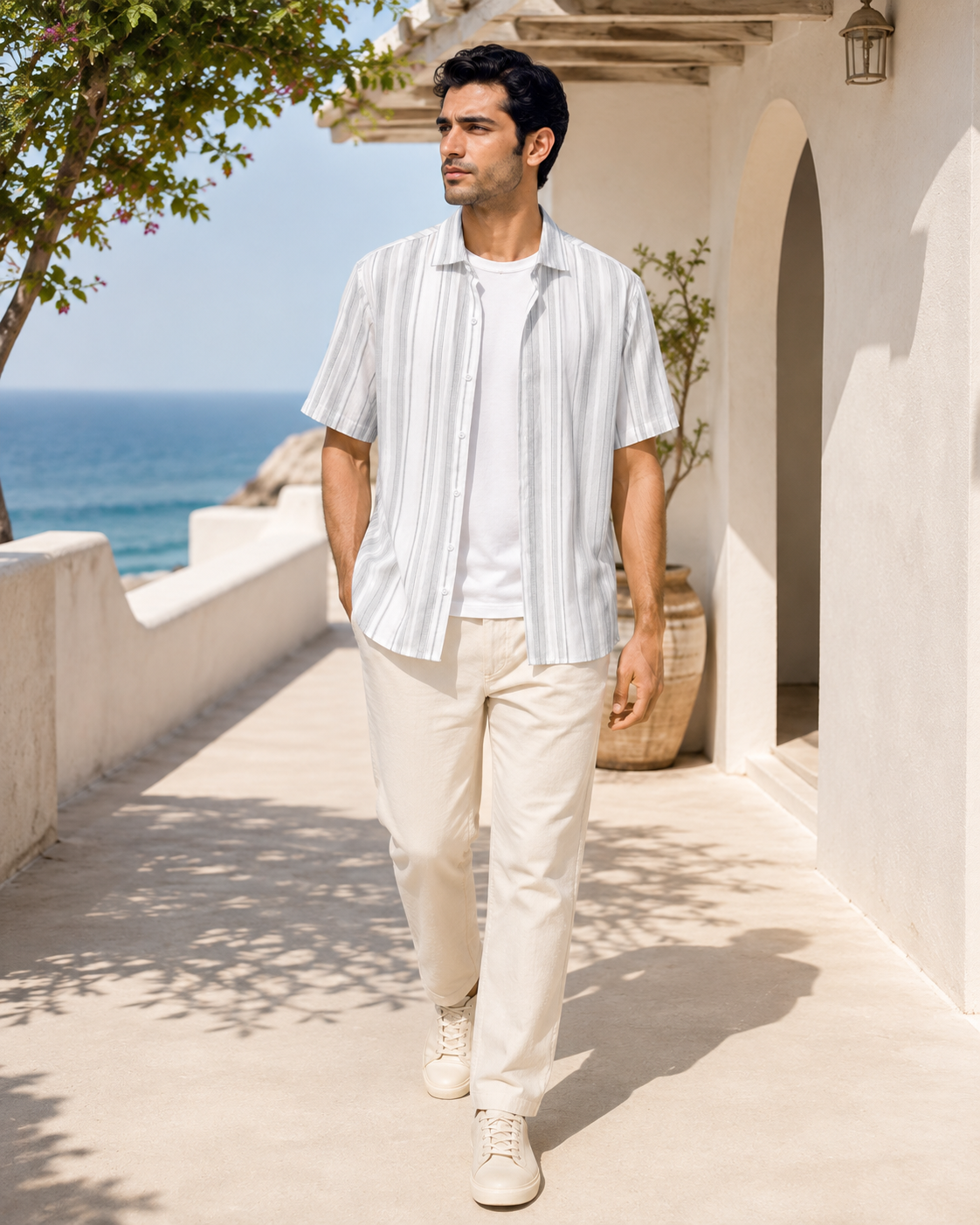 Pearl Grey Stripe Half Sleeve Shirt model pic 2