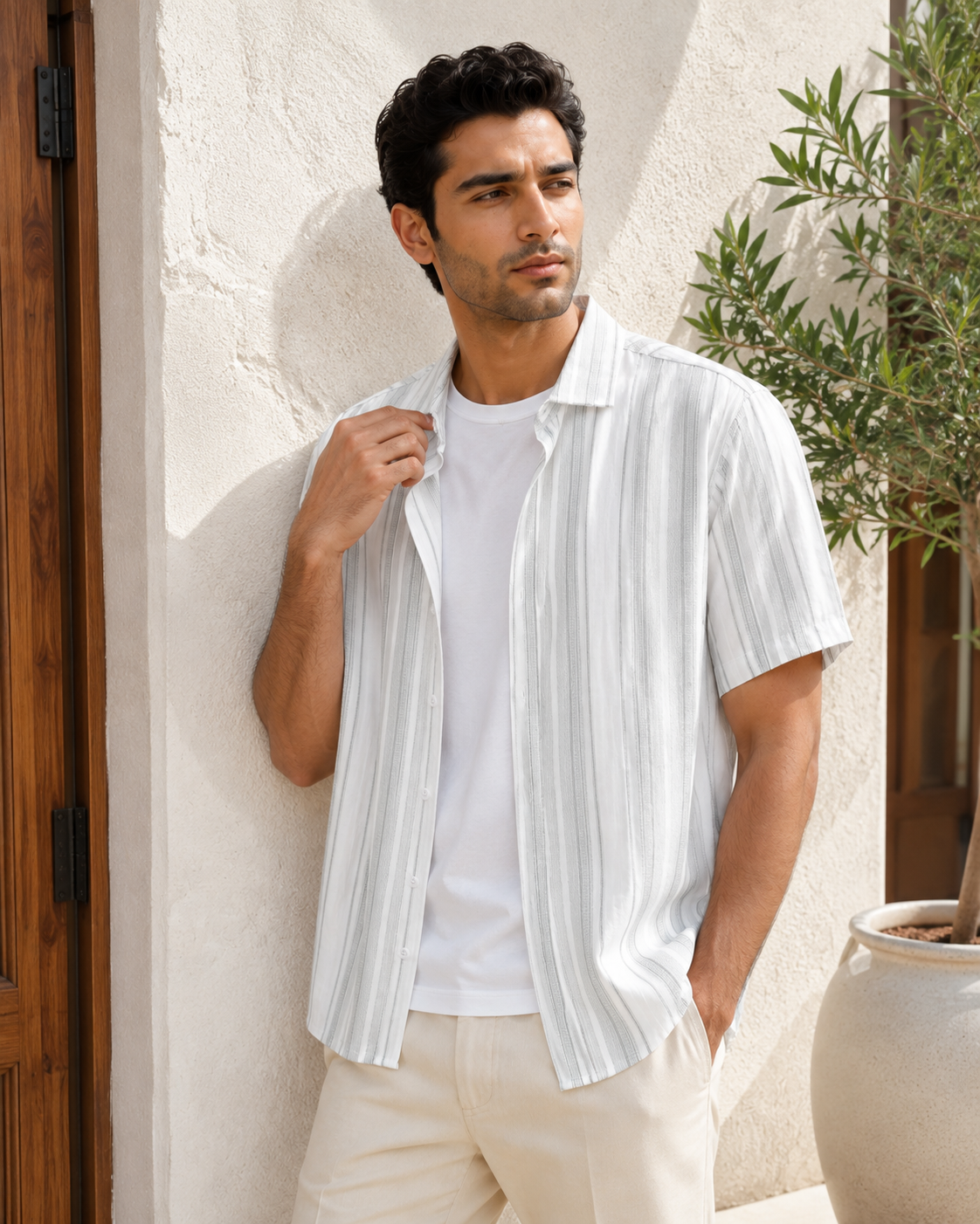 Pearl Grey Stripe Half Sleeve Shirt model pic 3
