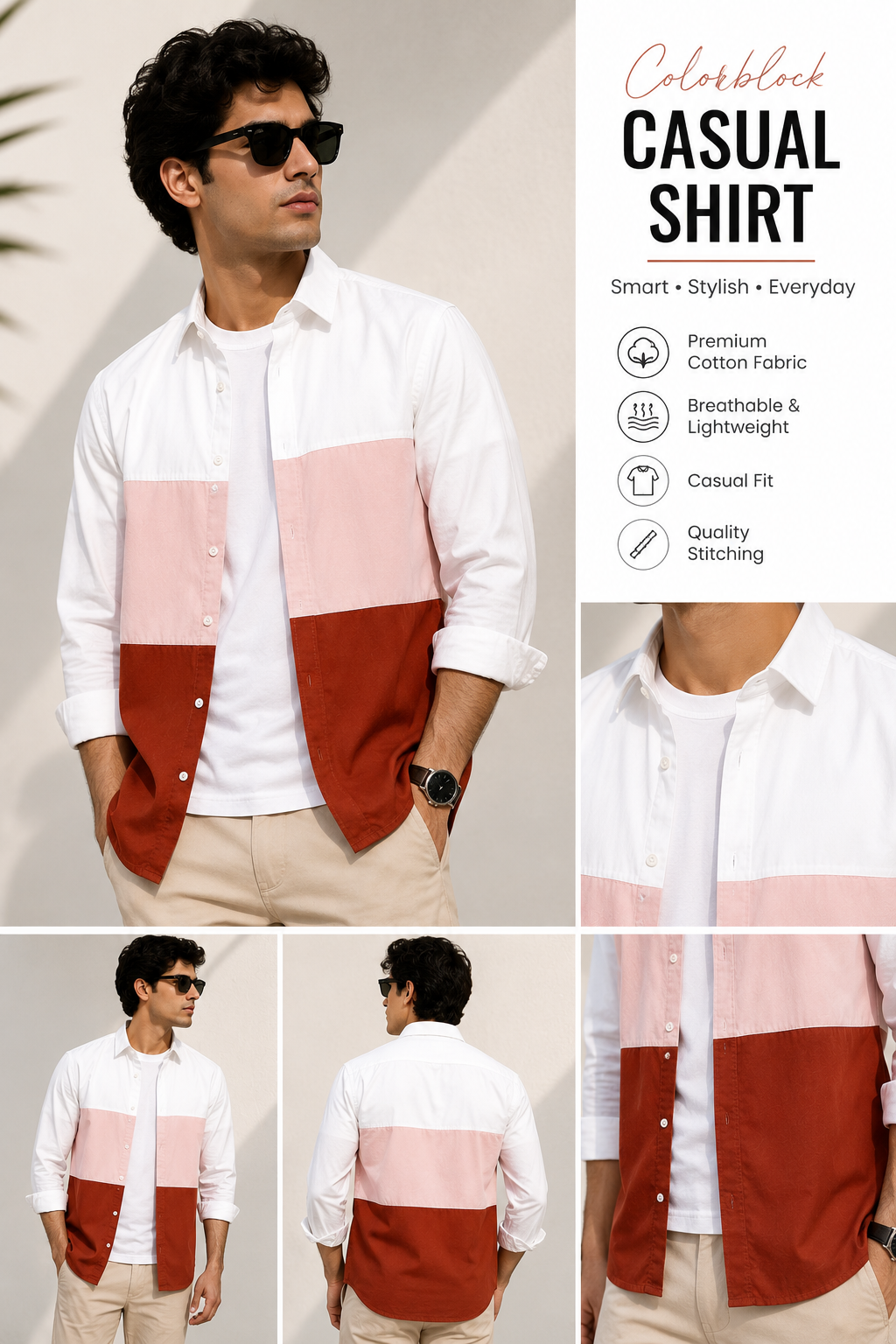 Premium Color Block Shirt Peach Rust