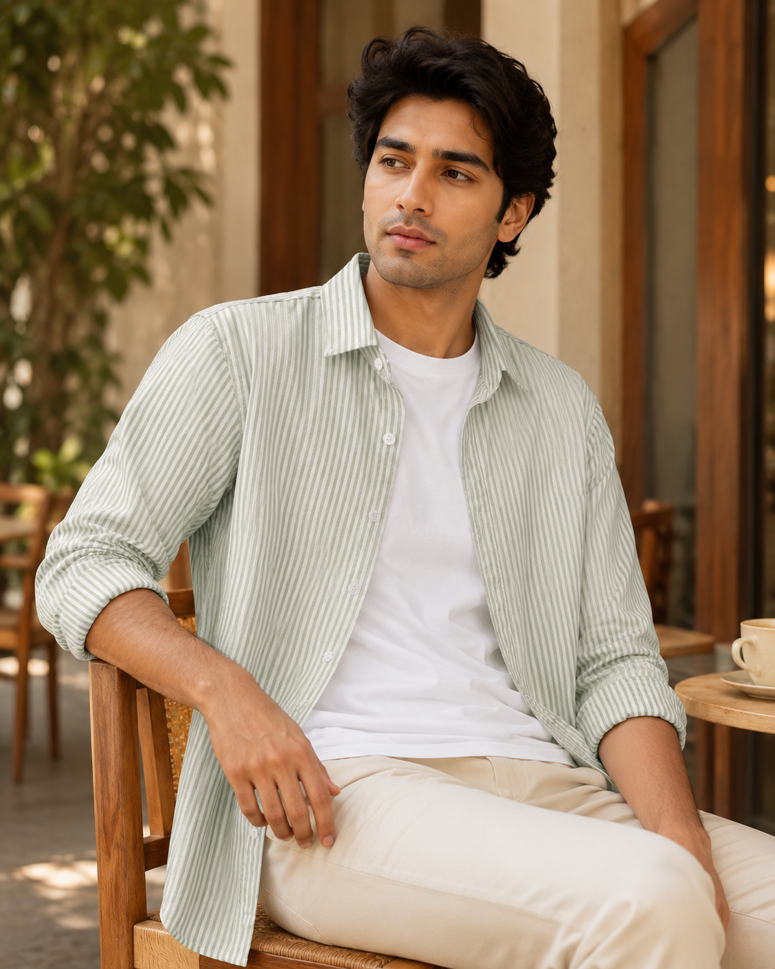 Sage Green Striped Shirt model pic one
