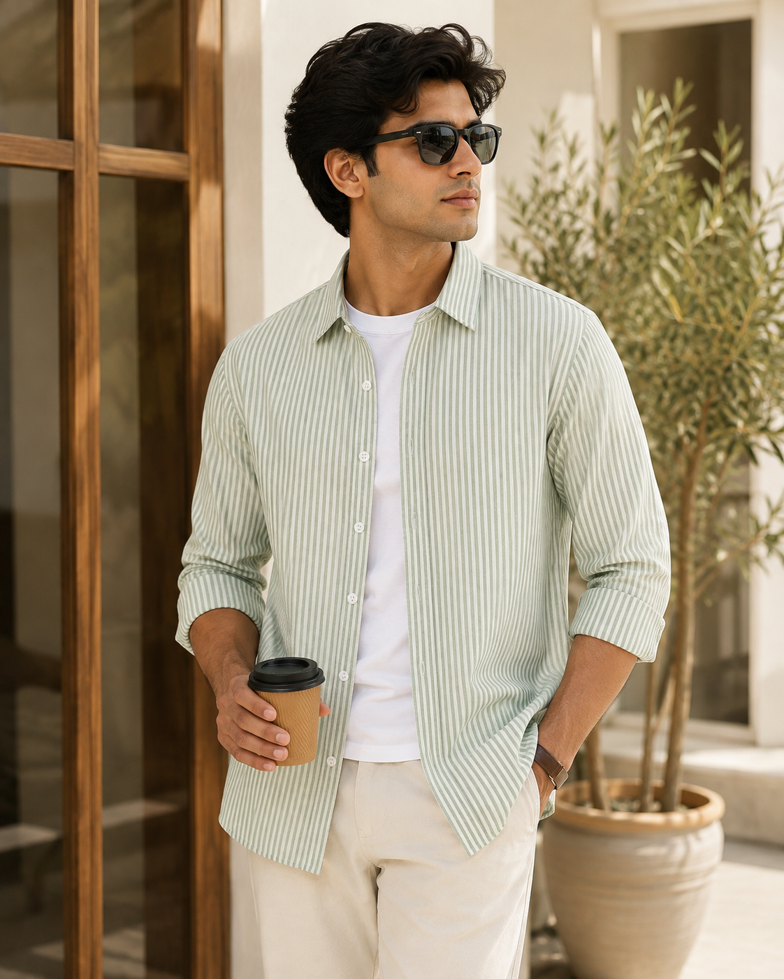 Sage Green Striped Shirt model pic three