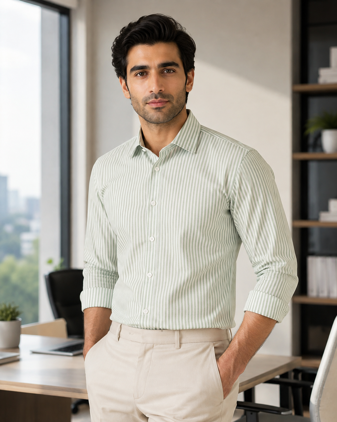 Sage Green Striped Shirt model pic two
