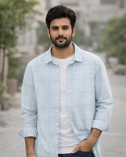Cotton Checkered Shirt (Sky Blue)