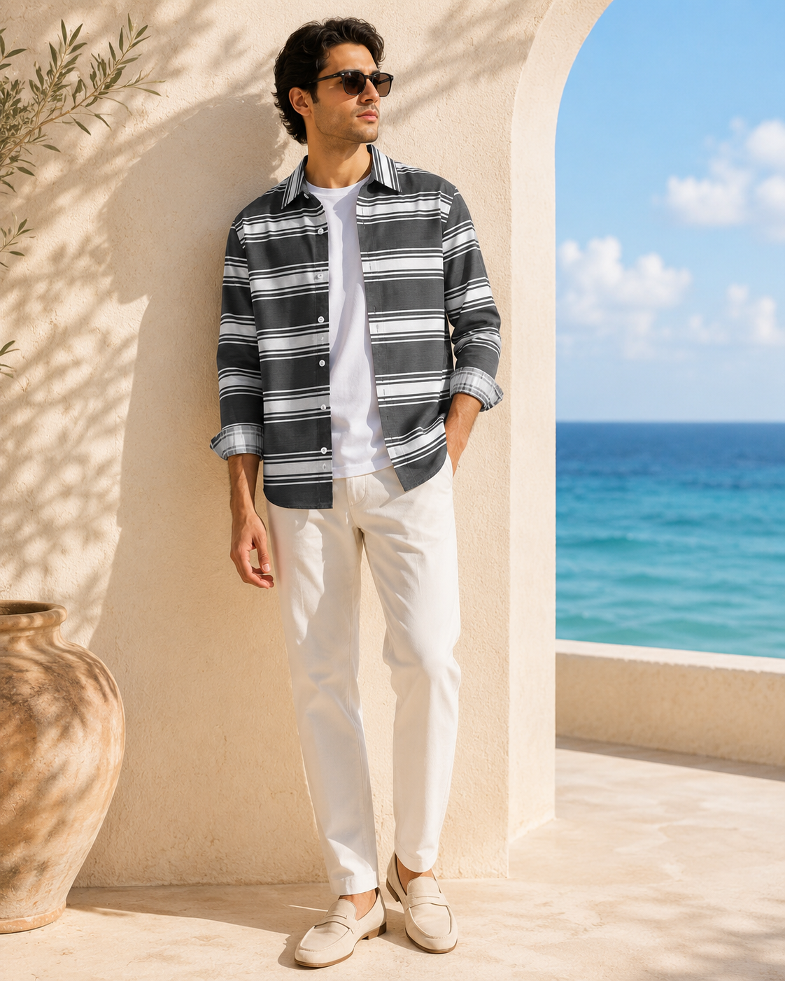 Smoke Ash Striped Shirt  (Old Money Style )Model pic 1