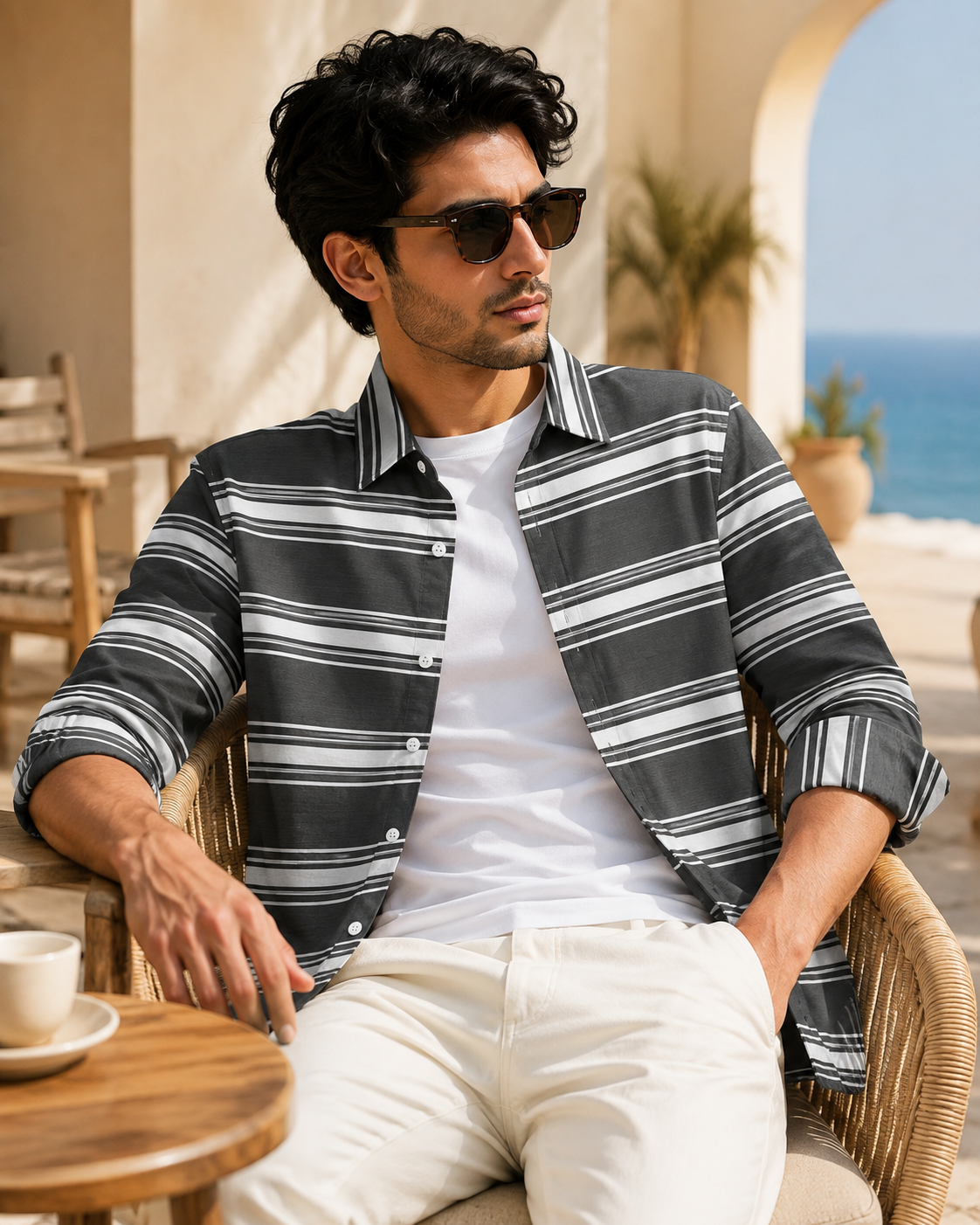 Smoke Ash Striped Shirt  (Old Money Style )Model pic 2