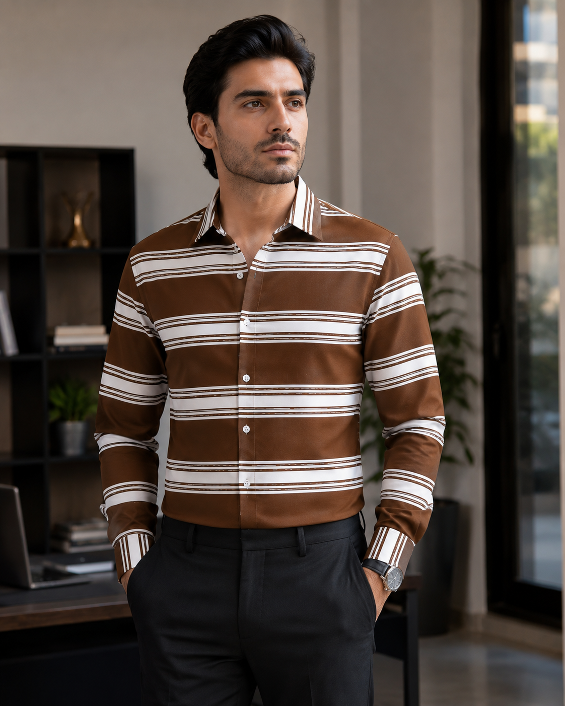 Walnut Brown Striped Shirt ( Old Money Style ) model pic 3
