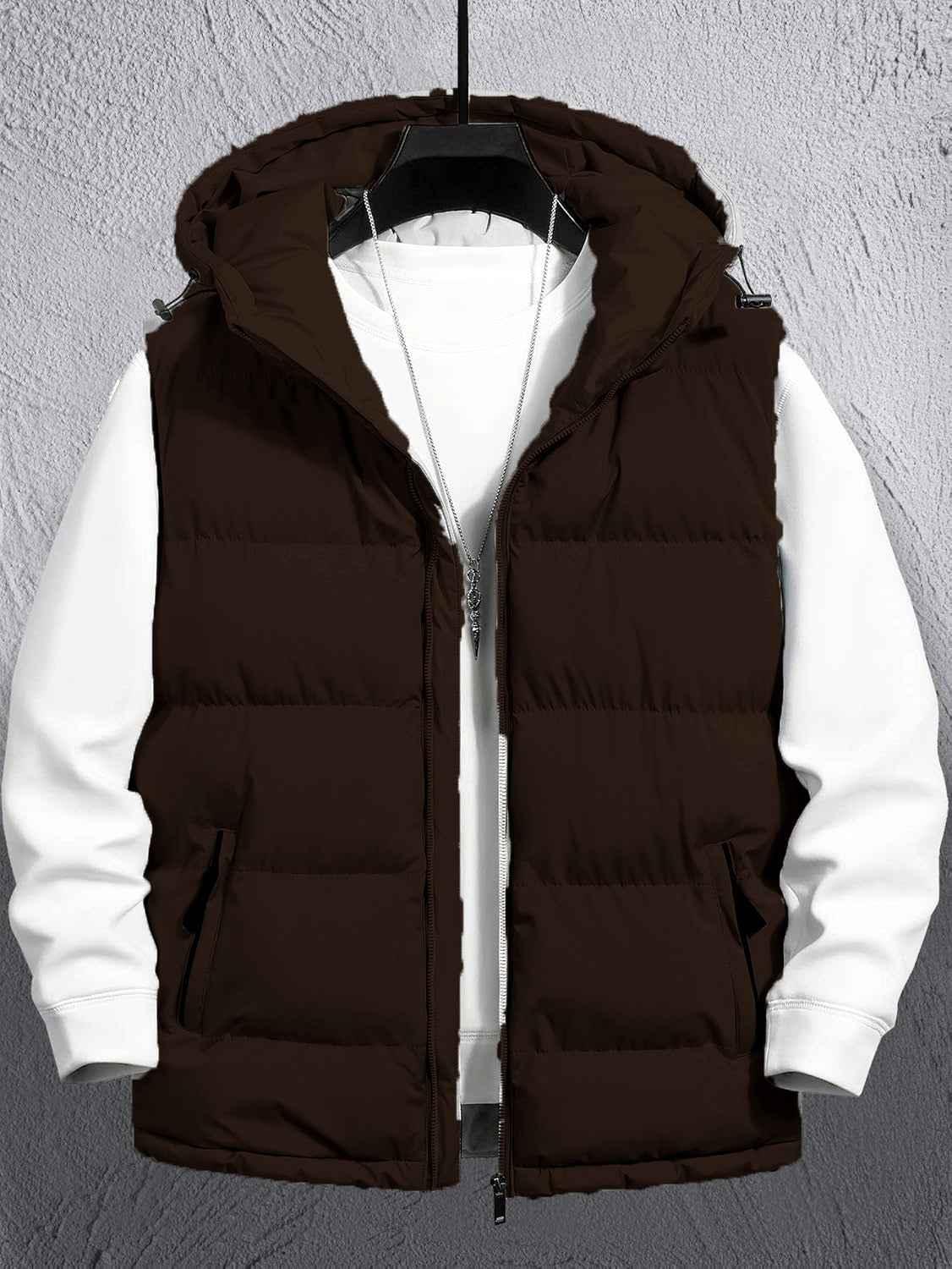 Sleeveless Puffer Hooded Jacket (Brown)