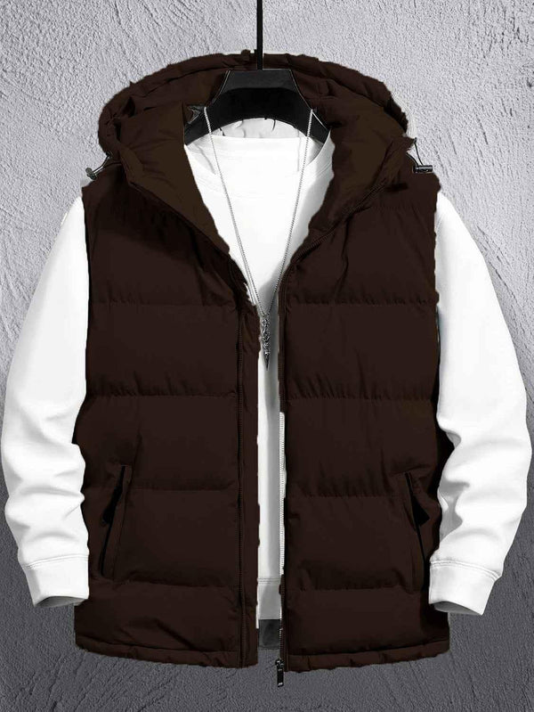 Sleeveless Puffer Hooded Jacket (Brown)