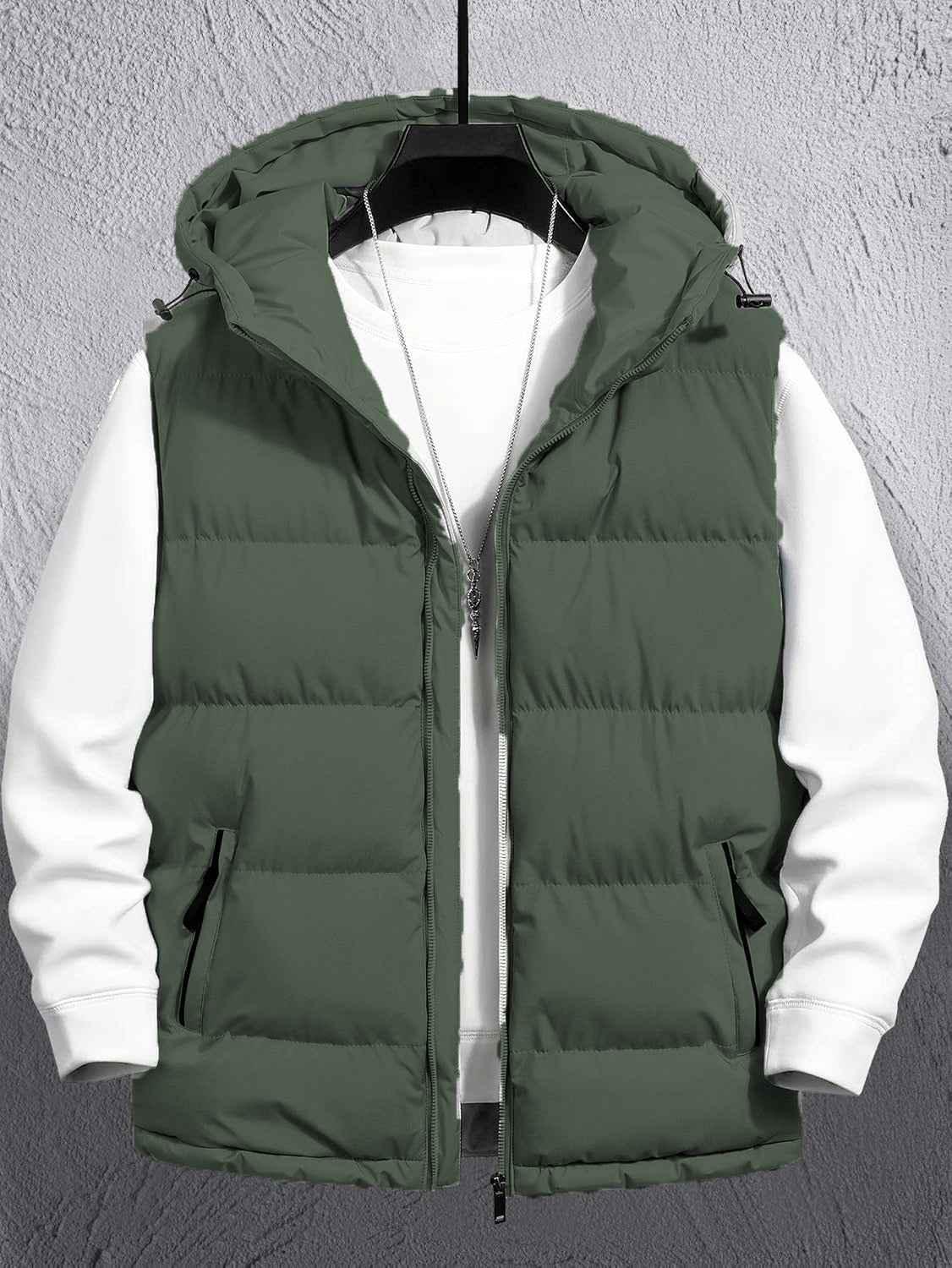 Sleeveless Puffer Hooded Jacket (Army Green)