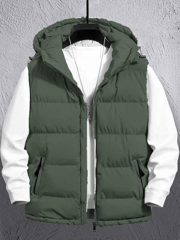 Sleeveless Puffer Hooded Jacket (Army Green)