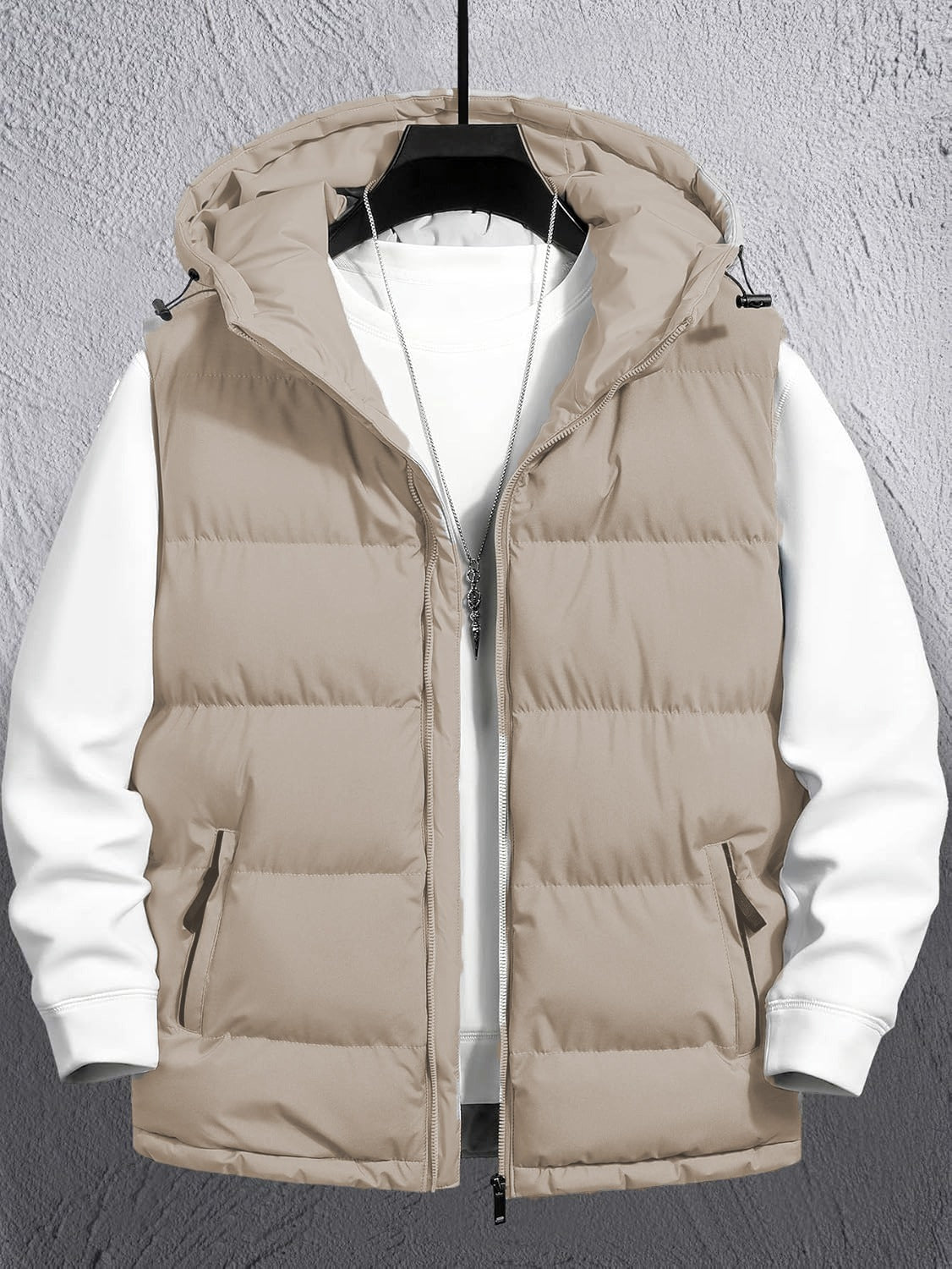 Sleeveless Puffer Hooded Jacket (Beige)