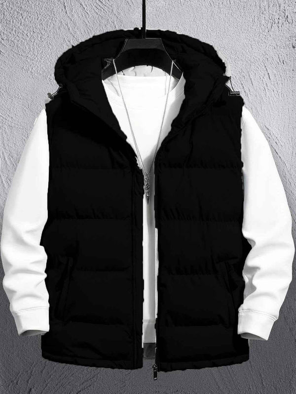 Sleeveless Puffer Hooded Jacket (Black)