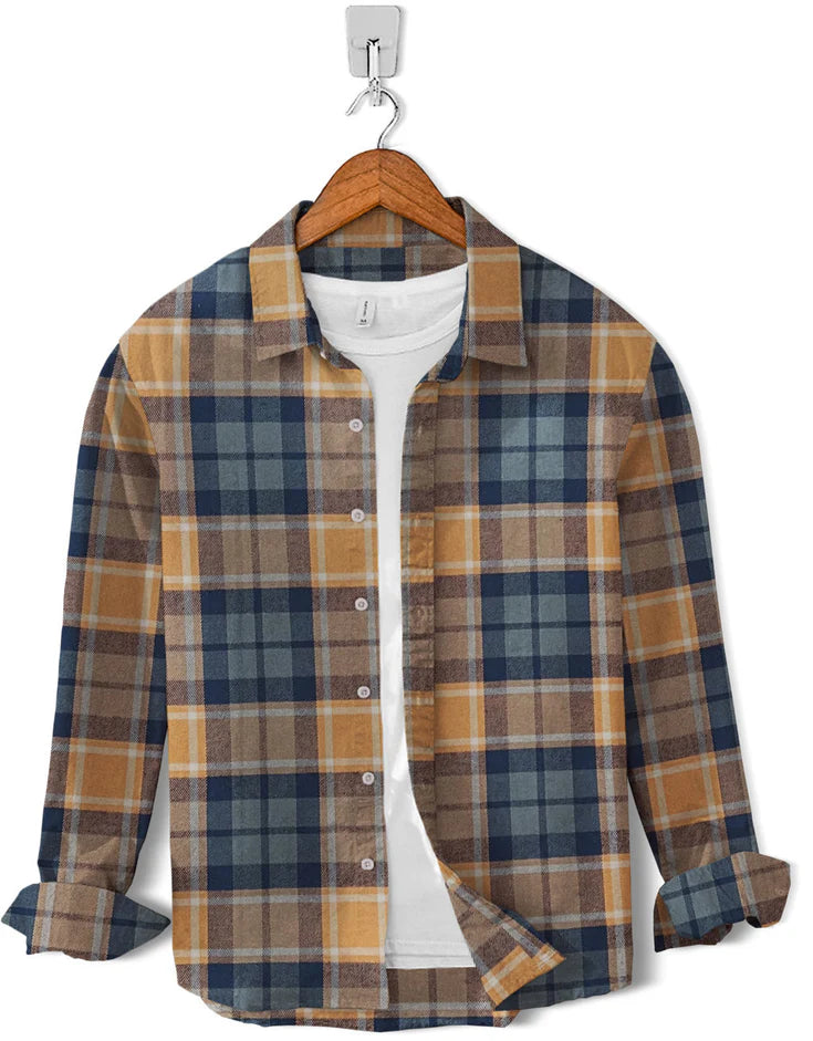 Men’s Flannel Shirt – Camel & Zinc Check