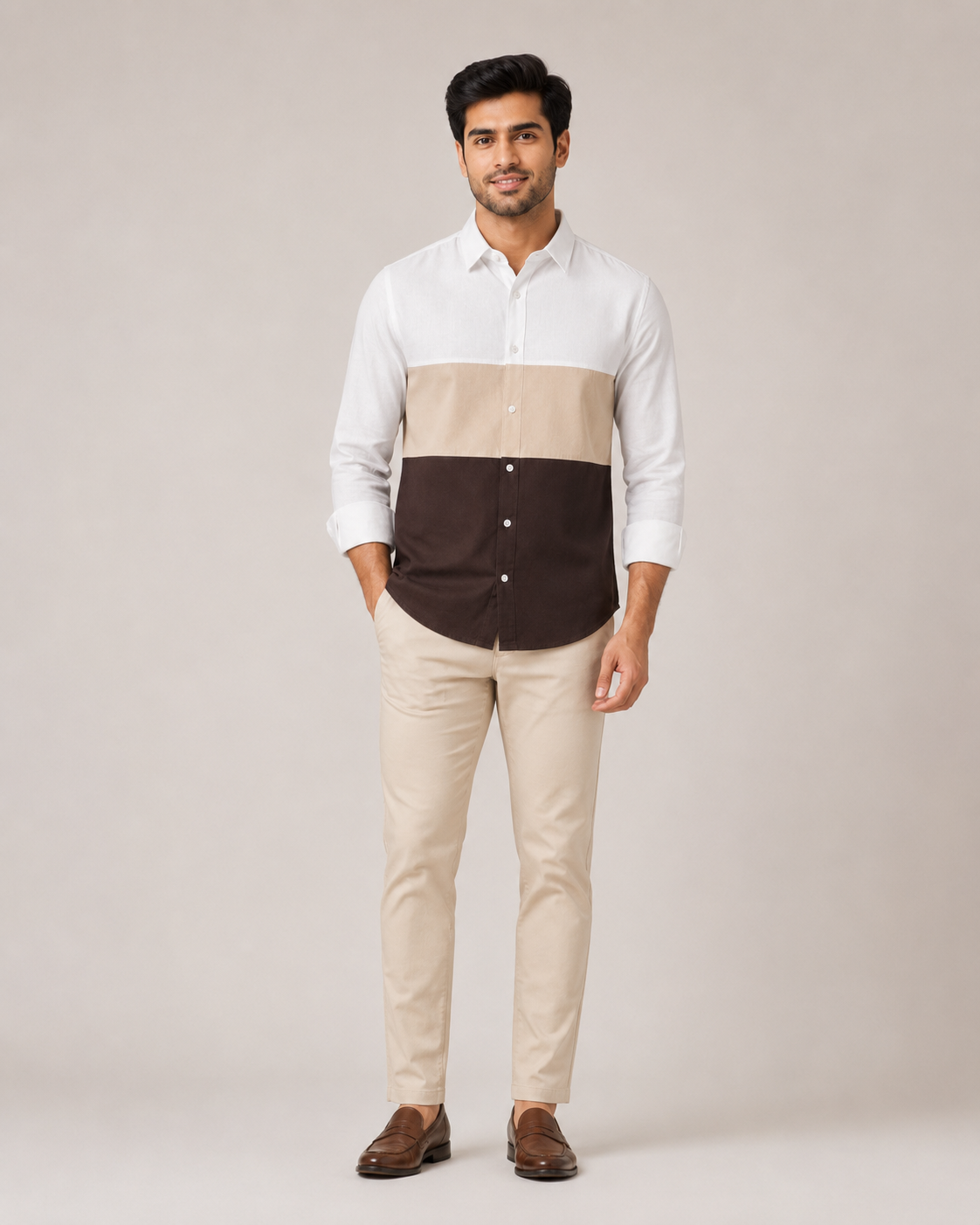 Chambray Color Block Shirt – Sand Chocolate