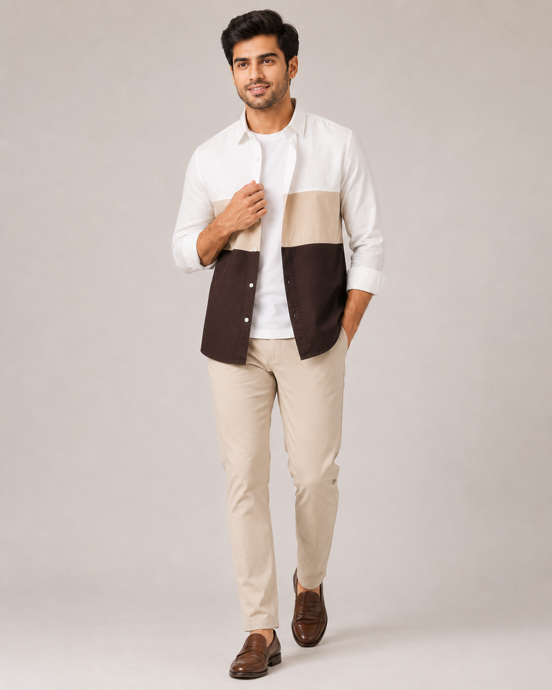 Chambray Color Block Shirt – Sand Chocolate