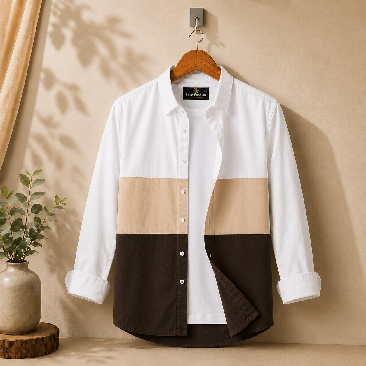 Chambray Color Block Shirt – Sand Chocolate