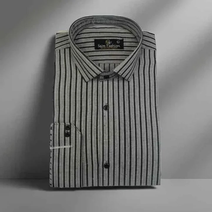 Cotton Dress Shirt - Gray Black Stripes