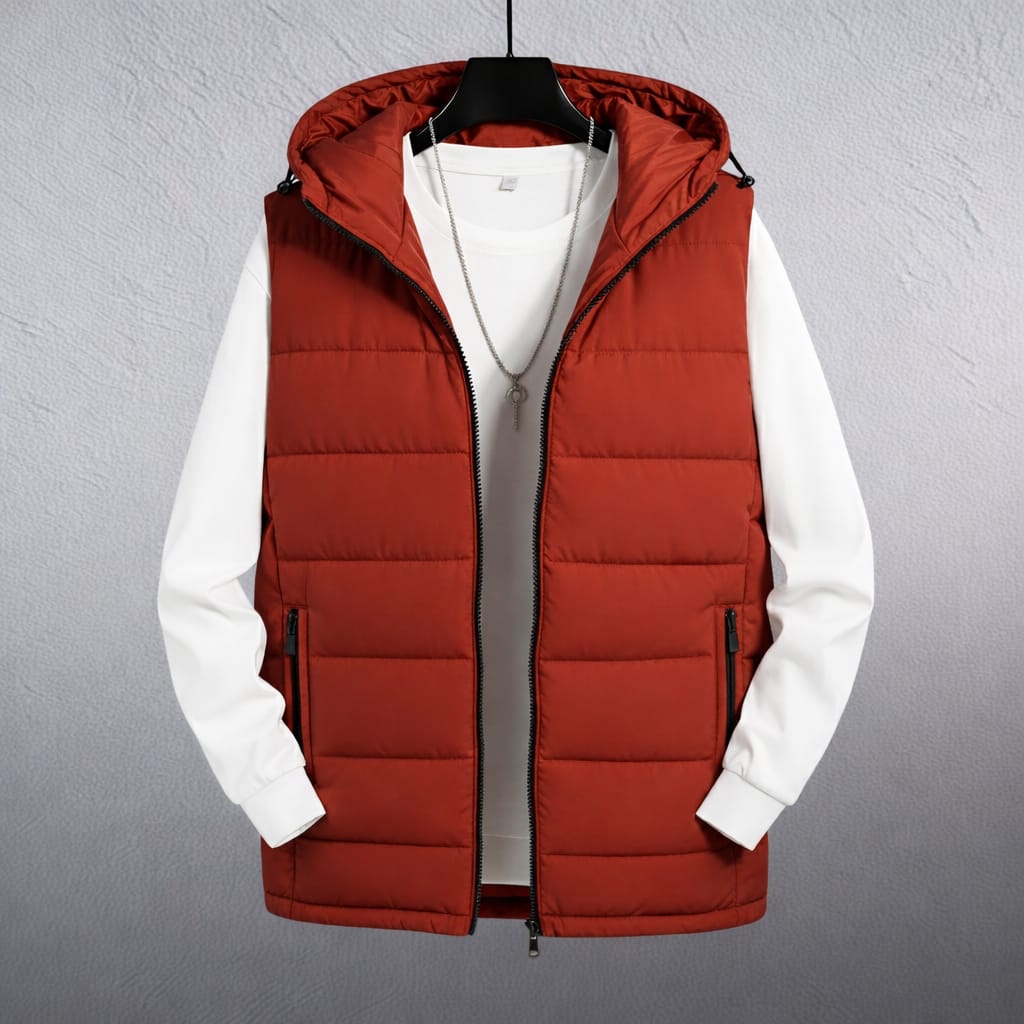 Sleeveless Puffer Hooded Jacket (Rust)